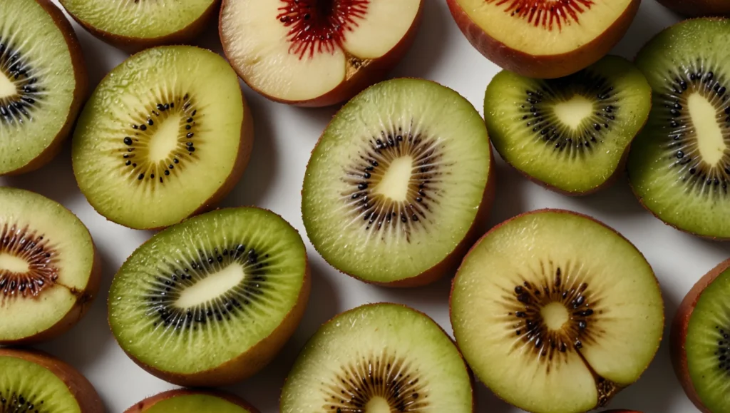 Corte transversal de maçã pera e kiwi mostrando textura fibrosa — fibra solúvel e insolúvel para intestino preso
