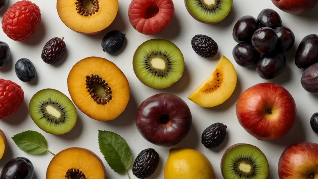 Variedade de frutas para intestino preso — ameixas kiwi mamão maçã frutos vermelhos e manga