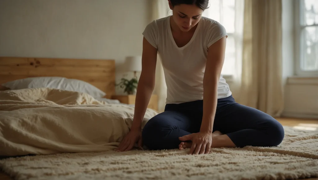 Pessoa em posição de quatro apoios na cama a fazer movimento gato-vaca — gato vaca mobilização coluna lombar