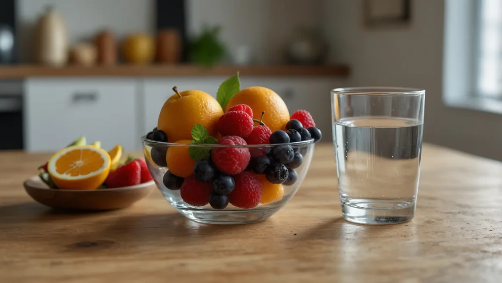 Pessoa a beber água com frutas ao lado e a preparar-se para caminhar — hidratação movimento e frutas para intestino preso