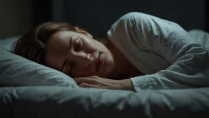Mulher acordada na cama à noite com suores nocturnos — insônia na menopausa causas e como dormir melhor