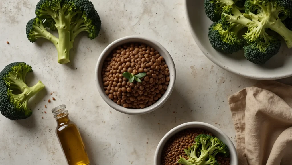 Lentilhas brócolos sementes de linhaça e azeite extra virgem — alimentos bons para o intestino fibra e anti-inflamatórios