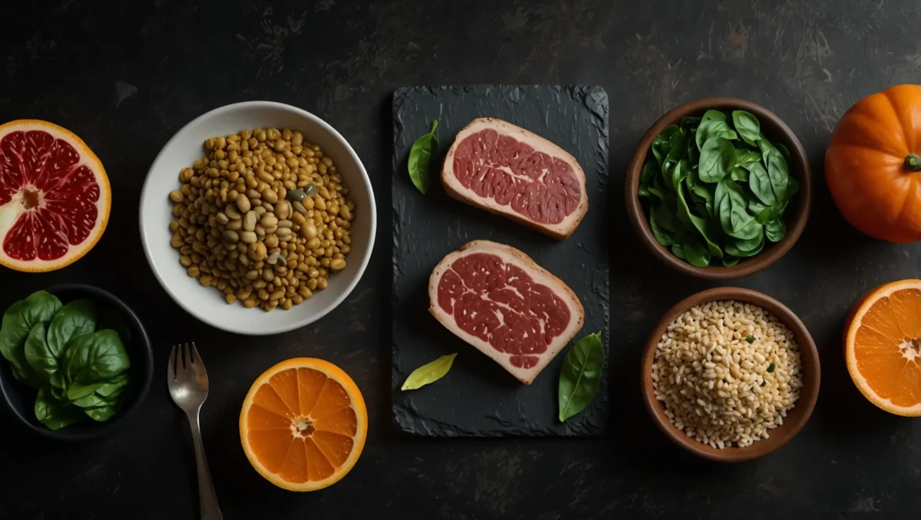 Variedade de alimentos ricos em ferro para anemia — carne vermelha espinafres leguminosas mariscos e frutos secos - o que comer com anemia