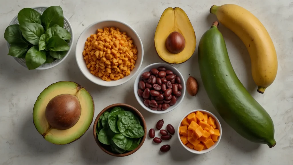 Alimentos ricos em potássio como bananas espinafres e batata-doce — potássio contaria o sódio e baixa a pressão arterial