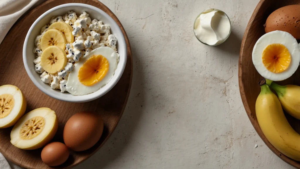 Iogurte grego banana e queijo cottage — alimentos ricos em triptofano e proteína para comer antes de dormir sem engordar