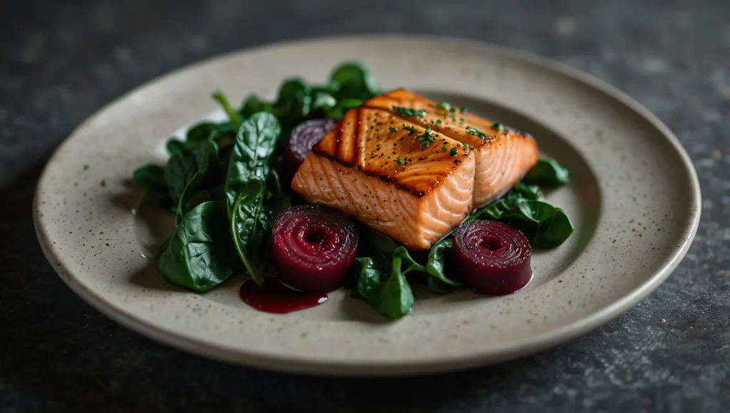 Prato com salmão beterraba assada e espinafres com alho — refeição anti-hipertensiva completa com alimentos que baixam a pressão