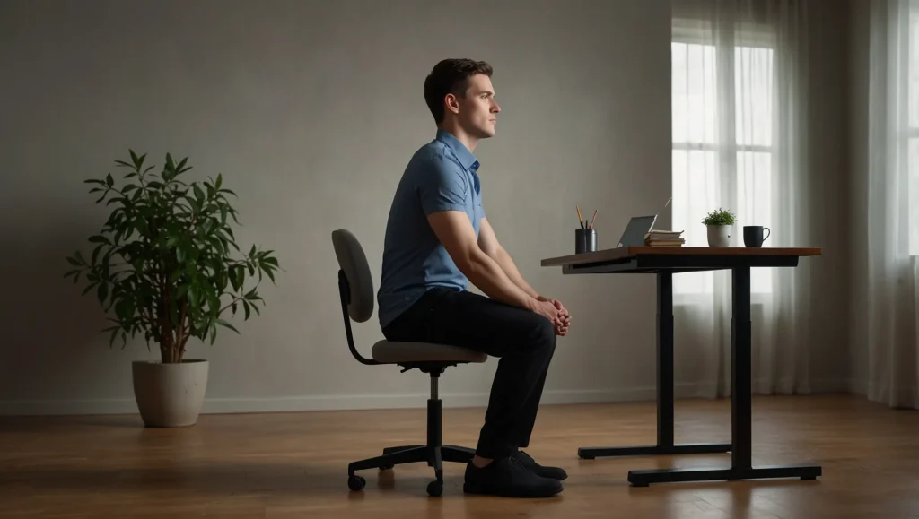 Pessoa a fazer retracção cervical duplo queixo sentada direita — retracção cervical exercício dor no pescoço
