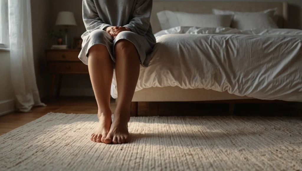 Pessoa a levantar-se da cama de forma progressiva após rotina de alongamentos — rotina de 10 minutos para dor lombar