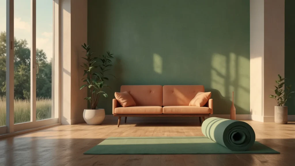 Ilustração de rotina diária de mobilidade com tapete yoga foam roller e respiração — consistência para resolver corpo rígido