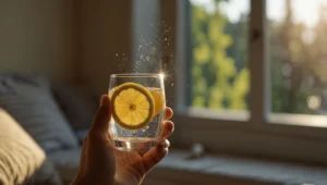 Pessoa a começar a manhã com água com limão e luz solar — rotina matinal para perder peso 8 hábitos