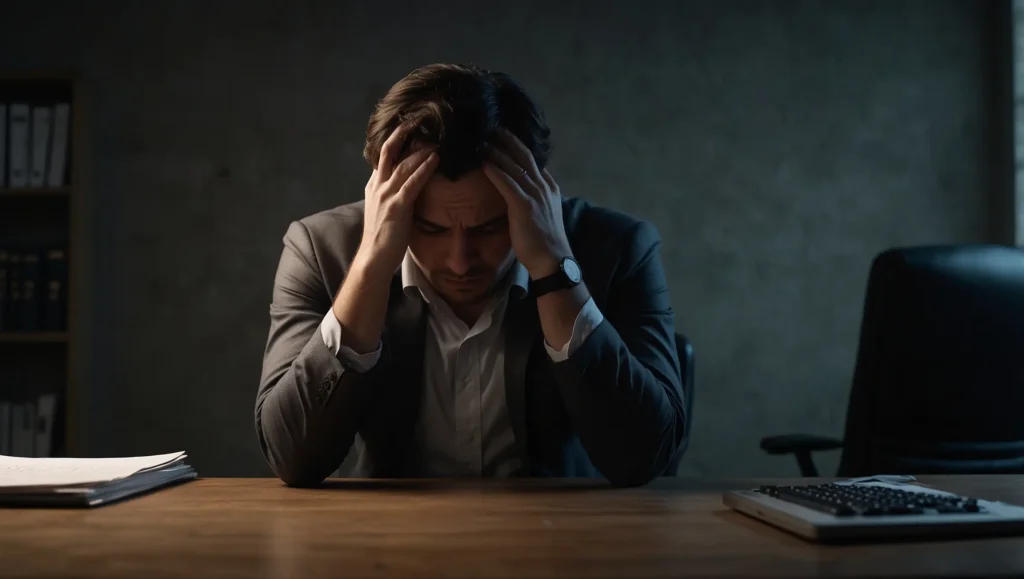 Pessoa com dores de cabeça e tensão física por burnout — sintomas físicos da síndrome de burnout