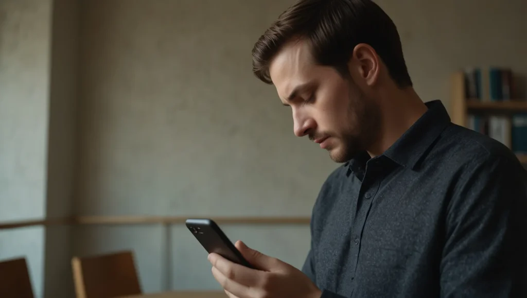 Pessoa curvada sobre o telemóvel com pescoço inclinado — text neck postura incorrecta causa dor no pescoço