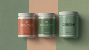 Ilustração de frasco de creatina com separação entre mitos e factos reais — efeitos colaterais da creatina real vs mito